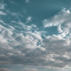 Obraz premium Fluffy white clouds floating in blue sky with sunlight rays illustration for dreamy weather design, atmospheric wallpaper inspiration Generative Ai 