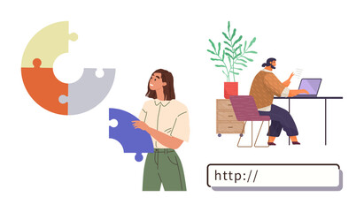 Person holding a puzzle piece near a colorful puzzle chart, remote worker at desk with plant, and URL search bar. Ideal for teamwork, strategy, connectivity, innovation, remote work, organization