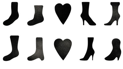 Black silhouette icons of socks hearts and high heels.
