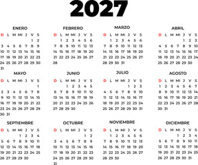 A clean and functional 2027 calendar design in Spanish, showing all months with a clear day and date layout, ideal for planning, scheduling, and time management designs