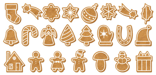 Set of vector silhouettes of Christmas cookies. Gingerbread man, tree, star, snowman, holiday biscuit shapes, festive baking cutters, Xmas decorations