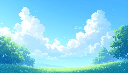 Pastel-colored landscape scene of a field under a vibrant blue sky with fluffy clouds