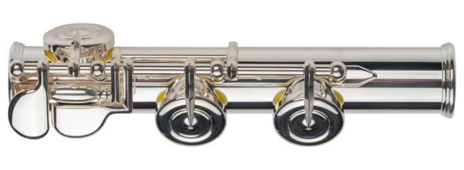 Flute Instrument. Silver-plated nickel student flute with closed and open holes. Professional musical instrument for school band, concerts. Classic orchestra flute instrument. Close-up high resolution