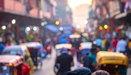 Fototapeta premium A blurry photo captures a busy street scene packed with people and vehicles. Buildings line the edges of the roadway, creating an energetic, bustling atmosphere