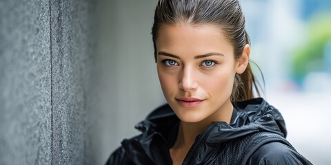 Confident Young Woman in Athletic Wear Posing Against Urban Background