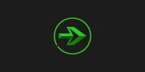 The image showcases a digital logo design with a neon green arrowhead, contrasting against a black background, creating a minimalistic composition with bright green elements.