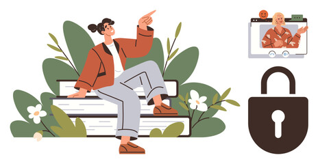 Fototapeta premium Woman sitting on books, pointing outward with greenery around. Top corner shows a video call, and a large padlock. Ideal for knowledge, e-learning, cybersecurity, remote work, privacy personal