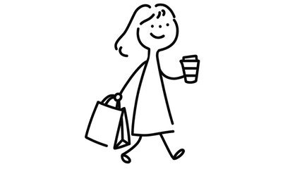Simple line drawing of a happy woman walking with coffee and a shopping bag.