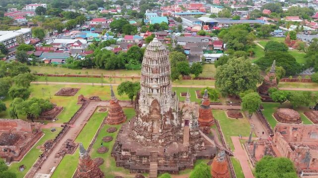 Aerial view of wat ratchaburana temple ruins in ayutthaya historical park, thailand