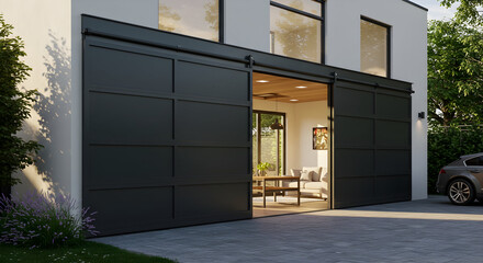 Fototapeta premium A house featuring large, industrial-style garage doors as part of the living space