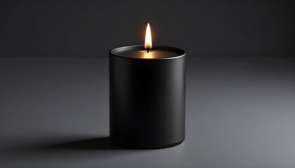 Elegant black candle with gentle flame on a sleek, neutral backdrop creating a calming atmosphere