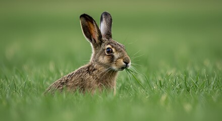 Fototapeta premium Charming portrait of a wild hare enjoying a meal in lush green meadow