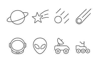 Space exploration symbols featuring planets, comets, and extraterrestrial elements in a minimalist design