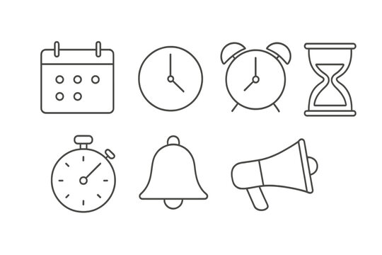 Various timekeeping devices and symbols are illustrated in a simple and clear design style