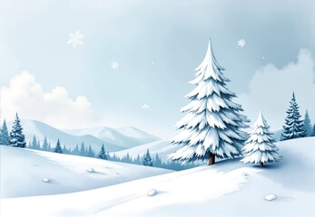 Naklejka premium Snowy Winter Landscape with Two Evergreen Trees