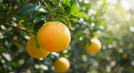 Vibrant grapefruits hanging on tree branches in a citrus grove on a bright day