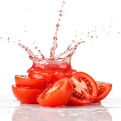 Fresh ripe tomato slices splashing water for juicy refreshment and healthy eating