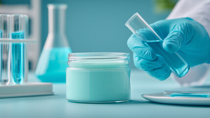 Scientist preparing a cosmetic cream with measured solution indicating controlled formulation development and evidence based skincare innovation.
