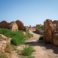 Ancient Desert Ruins Surrounded by Green Vegetation