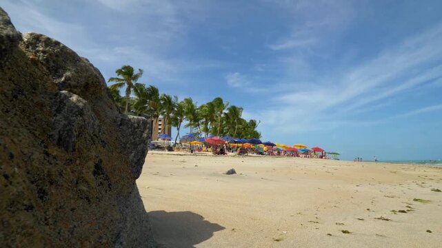 A closeup of a rock on a sandy beach under a blue sky