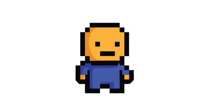 Charming pixel art character illustration featuring a simple, blocky humanoid figure with a yellow head and blue body, ideal for retro game development, digital assets, or minimalist design projects