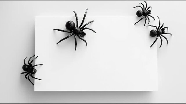 A spider crawls out from under the paper. A white halloween spooky background.