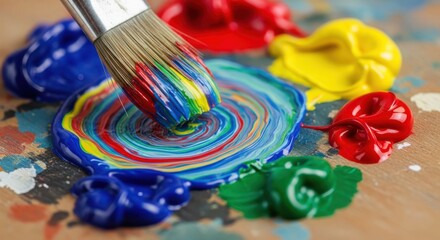 Vibrant acrylic paints and a brush merge on the wooden art palette creating colorful swirls