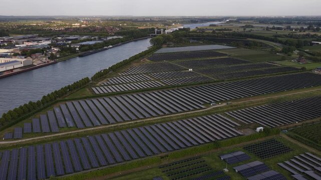 Solar panels, along the Amsterdam, rhine canal, Princess Irene Locks, renewable energy.