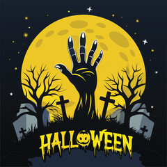 Spooky Halloween Night A Zombie Hand Emerges From The Grave Under The Light of a Large Yellow Moon With Stars Around