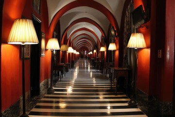 Obraz premium A grand hotel hallway, bathed in warm light, showcases elegant, vintage-style lamps and a striking black and white floor pattern.
