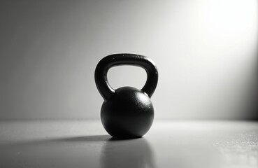 Single black kettlebell on minimalist gray background. Sleek, solid design ideal for fitness, gym, or weightlifting content. Promotes strength, training, and healthy lifestyle.