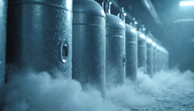 Row of cryogenic dewars storing liquid nitrogen in frosty industrial facility. Metal tanks emit vapor, showing extreme cold temperature. Laboratory equipment for scientific research, advanced tech.