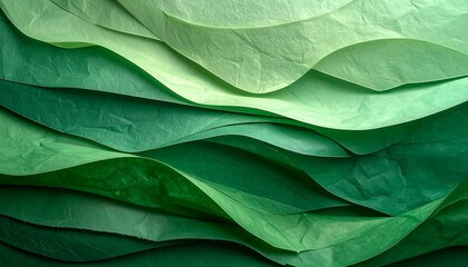 Abstract image of layered, wavy, textured green papers