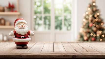 Fototapeta premium Santa Claus figurine on a wooden table in a cozy home scene, suggesting joy, childhood memories, and festive anticipation. 