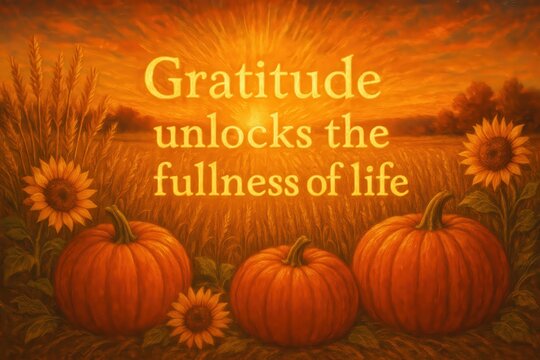 Gratitude Quote with Autumn Pumpkins and Sunflowers at Sunset