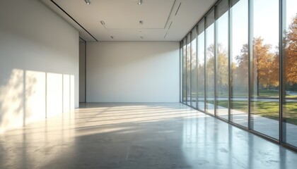 Obraz premium Minimalist modern gallery space features large windows overlooking autumn park. Clean, bright interior with concrete floor. Ample natural light creates geometric shadows on white walls, offering