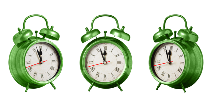 set collection retro clock, watch, pointer clock, Green color alarm clock on isolated white background close up