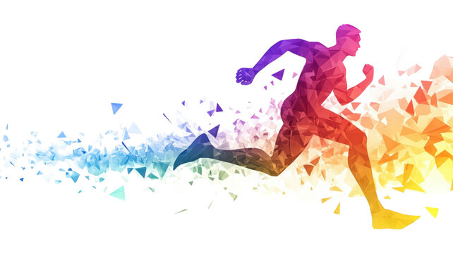 Abstract colorful runner in dynamic motion from geometric particles.