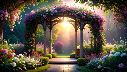 Enchanted Floral Arbor: A Serene Garden Gateway with Blooming Cascade of Roses