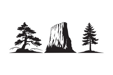 Silhouette of a tree stump with two pine trees in a landscape
