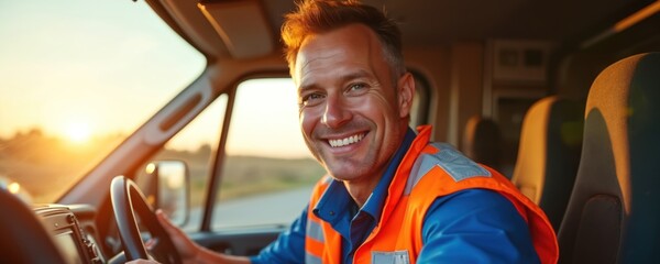 Smiling ambulance driver, male, wearing orange safety vest, blue shirt, sits at wheel of ambulance. Golden hour sunlight streams through windshield, confident expression. Profession focused on health