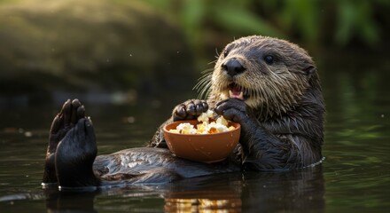 Delightful otter enjoying a snack of popcorn while floating peacefully