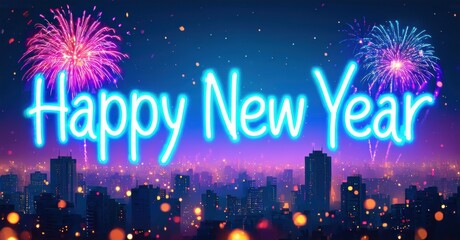 Bright cityscape backdrop. Neon text proclaims Happy New Year. Fireworks illuminate night sky. Festive, celebratory scene.