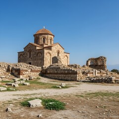 Historic Ruins with Ancient Church Under Clear Sky