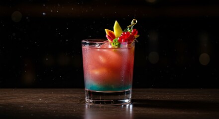 Exotic cocktail with colorful layers and a garnish of fresh fruit