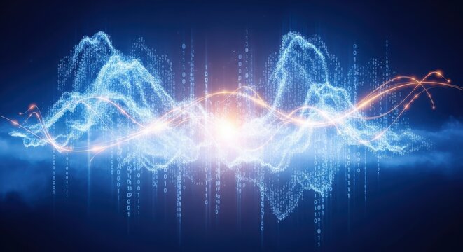 Futuristic representation of digital data transmission with glowing waves and binary code streams