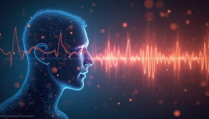 Digital visualization of human hearing, sound waves. Abstract blue digital head profile interacts with bright orange sound signal. Futuristic technology concept, communication, perception, anatomy,
