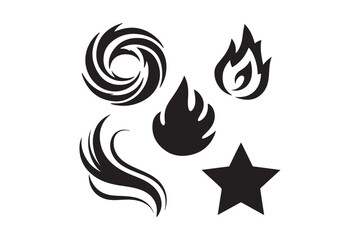 Collection of five stylized black elemental symbols on white background