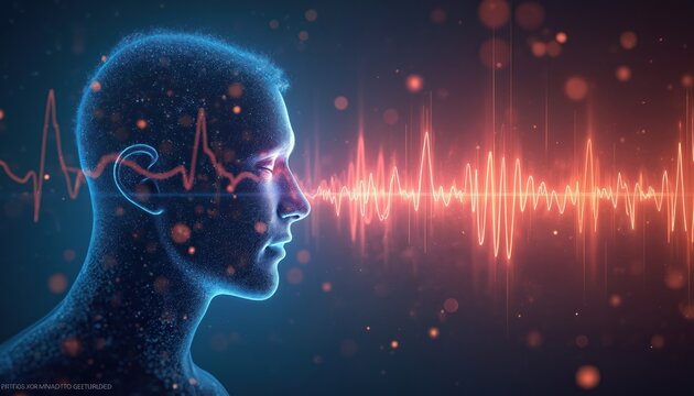 Digital visualization of human hearing, sound waves. Abstract blue digital head profile interacts with bright orange sound signal. Futuristic technology concept, communication, perception, anatomy,