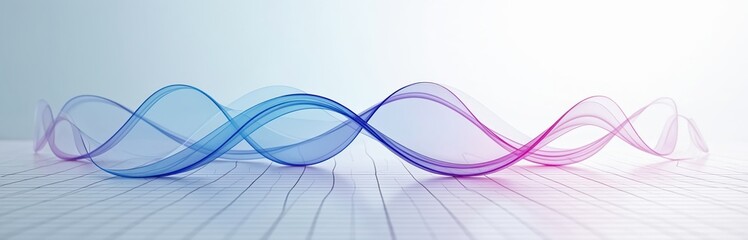 Abstract flowing wave lines in blue, pink create dynamic visual on light grid background. Represents data visualization, scientific graphs, digital wave patterns. Smooth gradient transition, clean